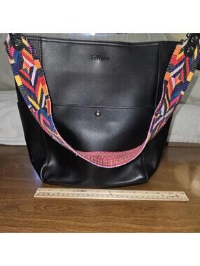 BROMEN Black Vegan Leather Hobo Bucket Bag w/ Multicolor Boho Guitar Strap